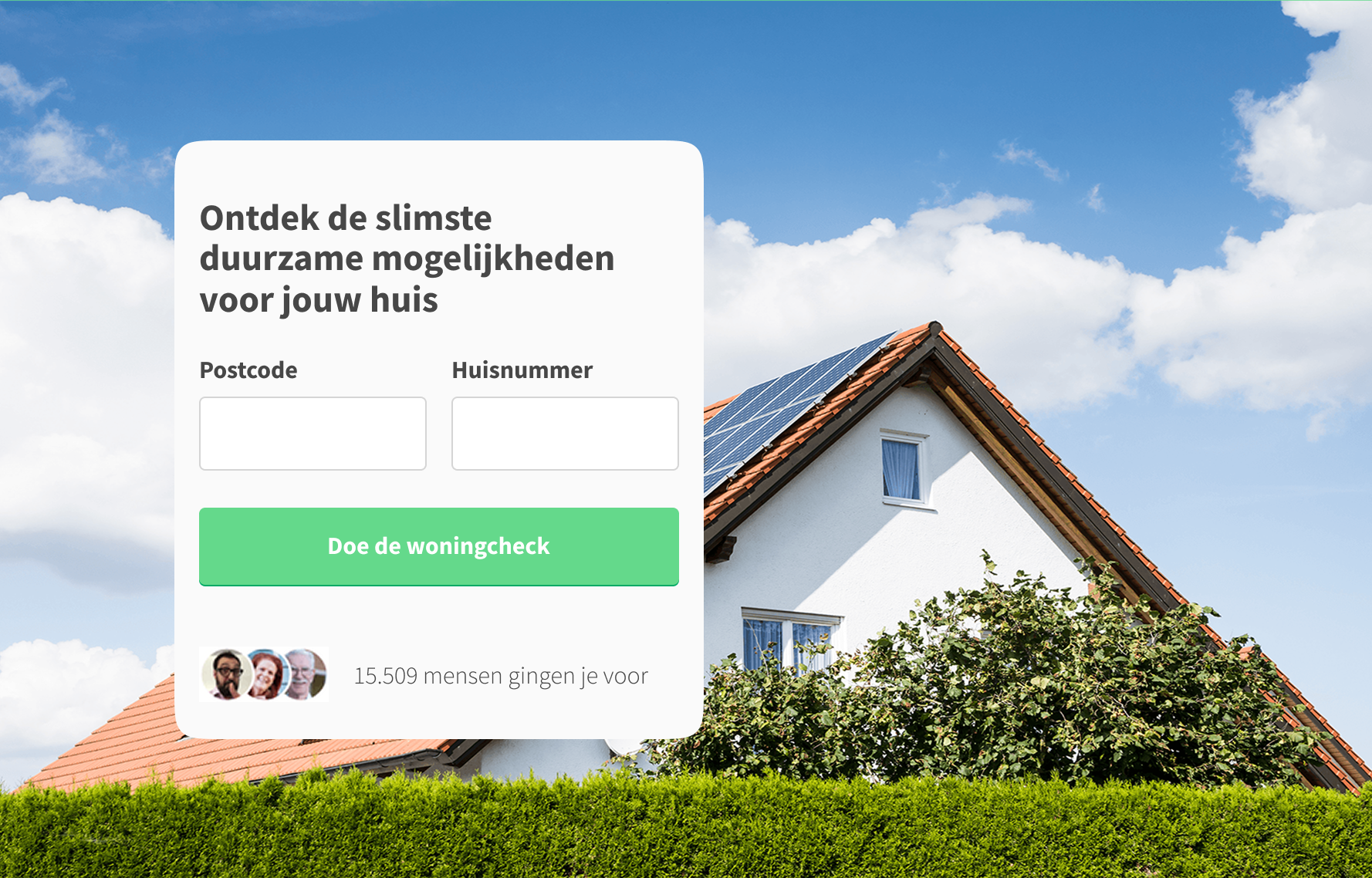 Woningcheck entry screen asking for postcode and house number