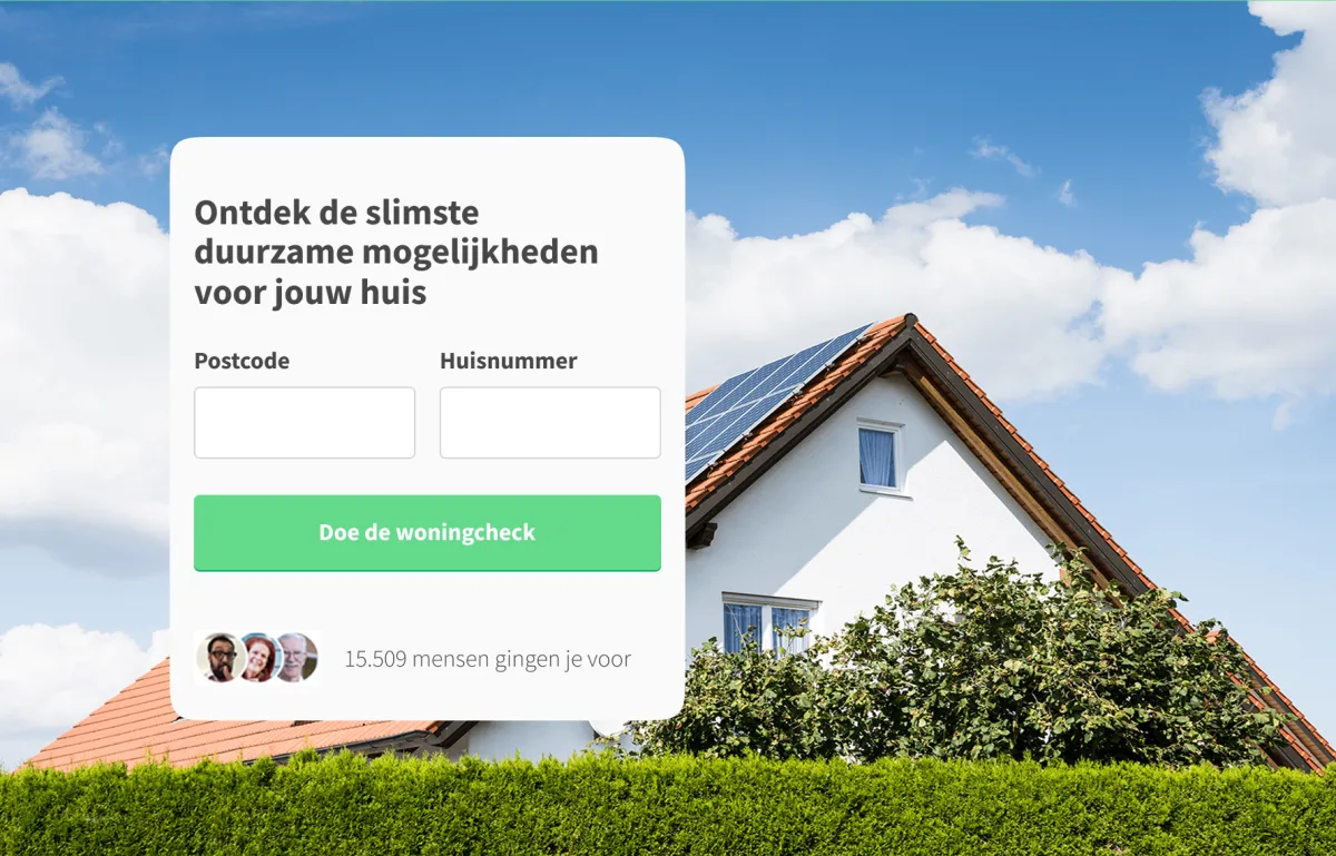 Woningcheck entry screen asking for postcode and house number
