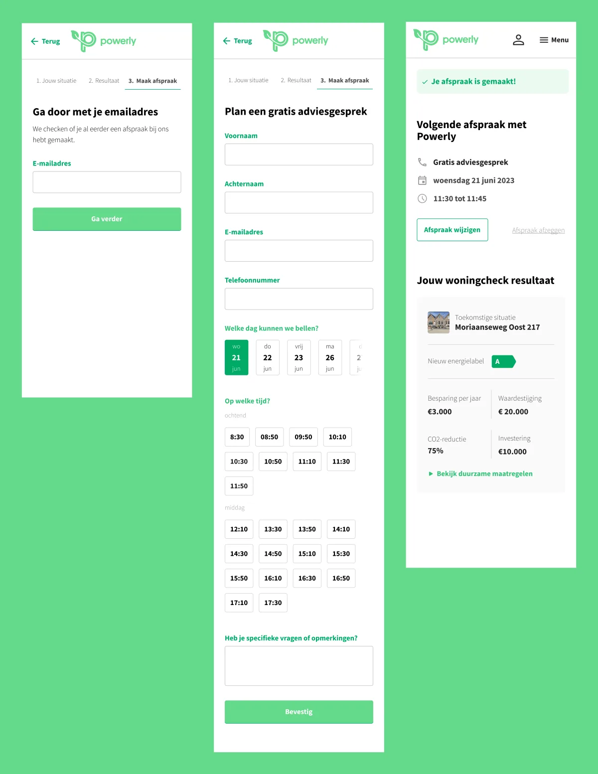 Appointment booking flow: email lookup, scheduling form, and confirmation screen