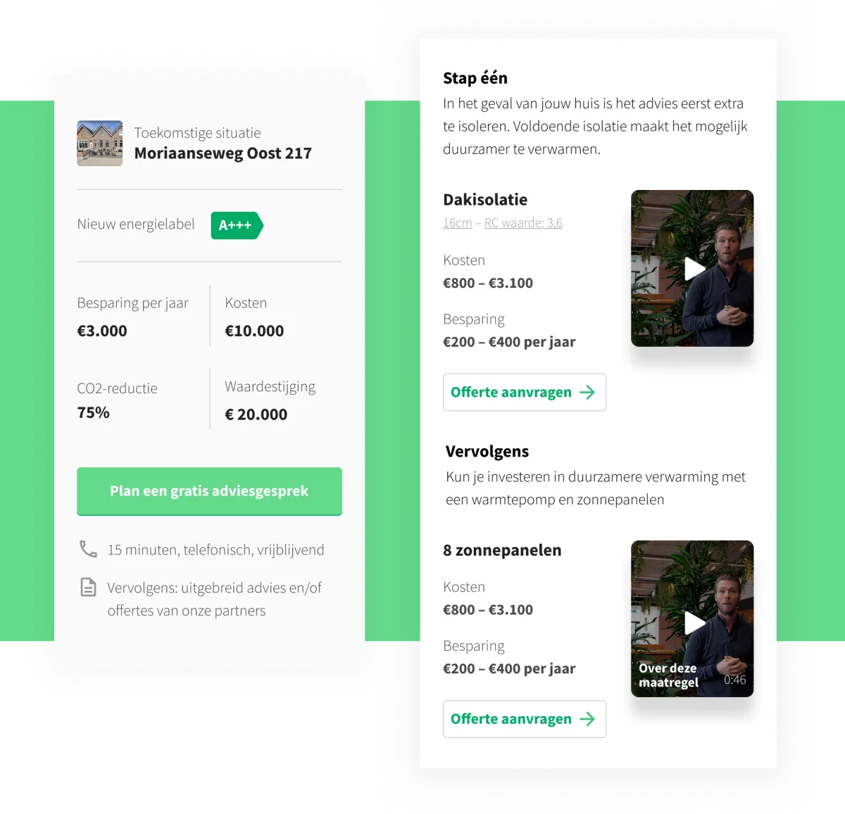 Results screen showing savings, cost, CO2 reduction and per-measure breakdowns with video explainers